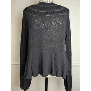 Free People Womens English Rose Top in Black Puff Sleeve Lace Whimsigoth M